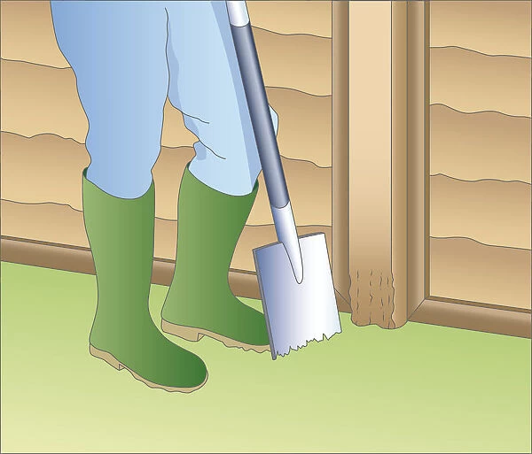 Illustration of digging hole in grass near base of rotten fence post using spade