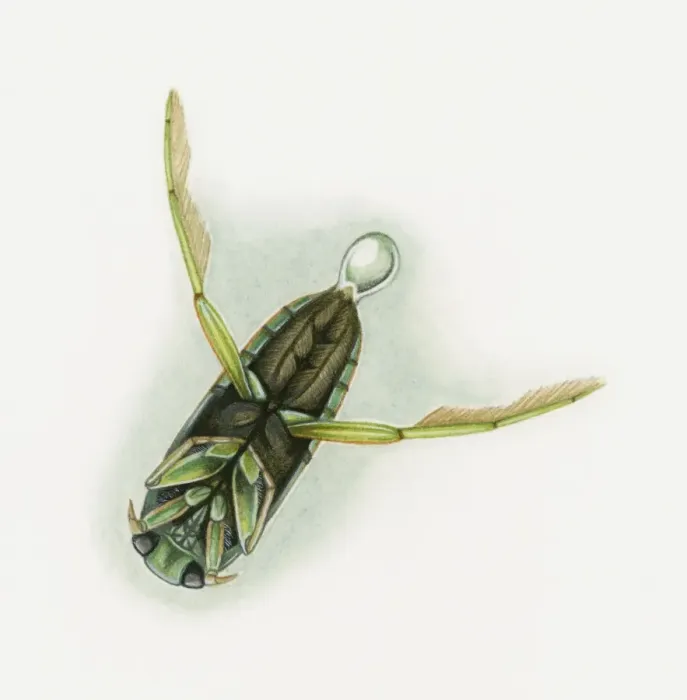 Framed Print : Illustration of a diving beetle (Dytiscidae) releasing air bubble underwater, underside Framed Print : Illustration of a diving beetle (Dytiscidae) releasing air bubble underwater, underside