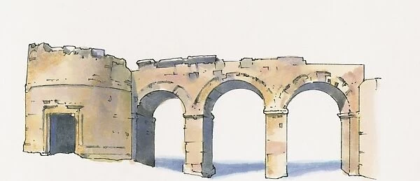 Illustration of Domitian gate flanked by circular tower, Hierapolis