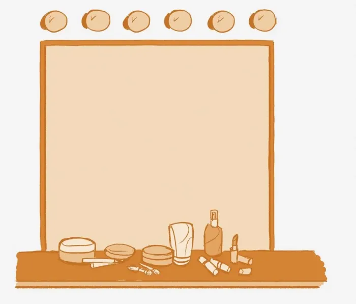 Framed Print : Illustration, dressing room mirror with six light bulbs on top and range of make-up on board at bottom Framed Print : Illustration, dressing room mirror with six light bulbs on top and range of make-up on board at bottom