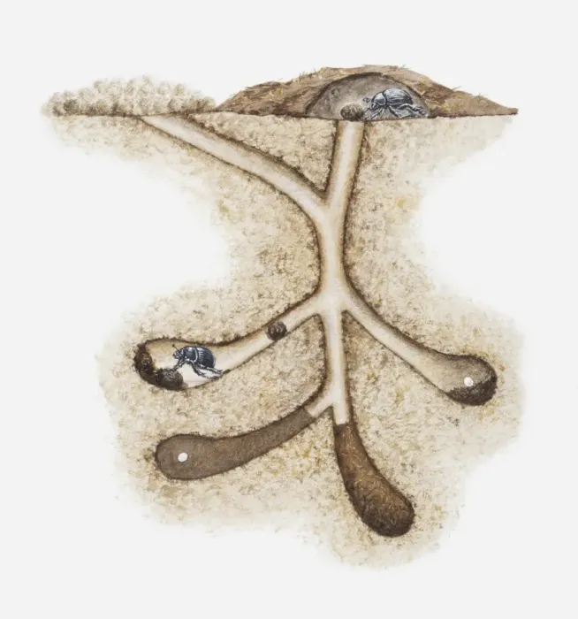 Framed Print : Illustration of Dung beetles (Scarabaeoidea) in their underground nest with eggs laid in dung, cross-section Framed Print : Illustration of Dung beetles (Scarabaeoidea) in their underground nest with eggs laid in dung, cross-section