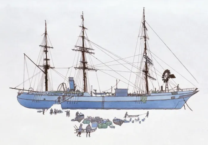 Framed Print : Illustration of early 20th century cargo ship stranded on ice
