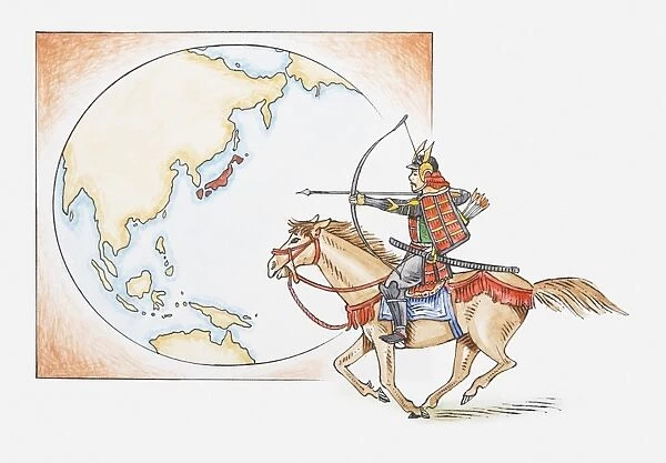 Illustration of early Samurai warrior on horseback in front of a map highlighting Japan
