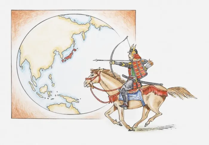 Framed Print : Illustration of early Samurai warrior on horseback in front of a map highlighting Japan