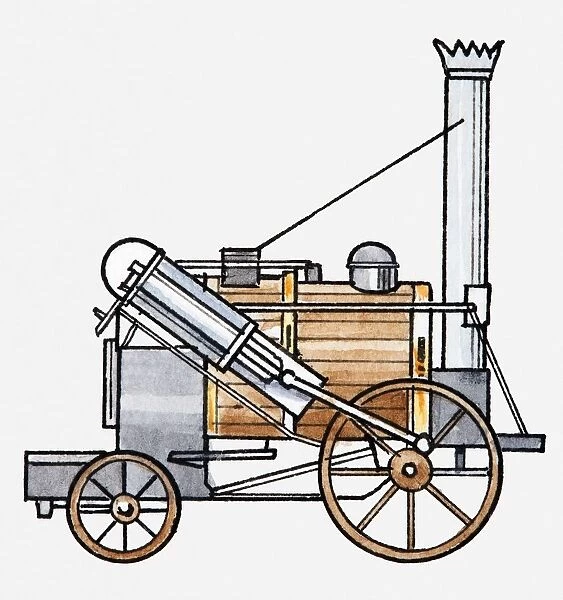 Illustration of early, steam-powered locomotive