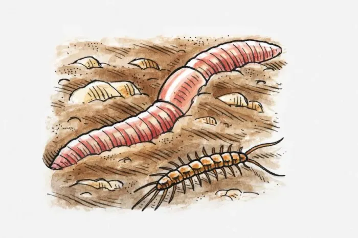 Framed Print : Illustration of earthworm and centipede in soil Framed Print : Illustration of earthworm and centipede in soil