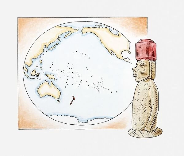 Illustration of Easter Island stone statue in front of a map highlighting Polynesian islands and New Zealand