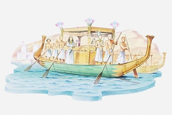 Illustration of Egyptian pharaohs sarcophagus being transported on a barge