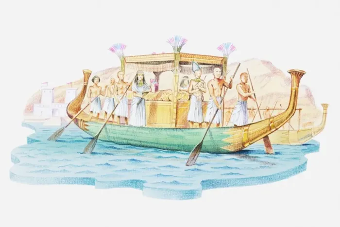 Framed Print : Illustration of Egyptian pharaohs sarcophagus being transported on a barge Framed Print : Illustration of Egyptian pharaohs sarcophagus being transported on a barge