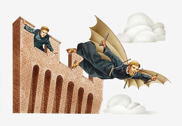 Illustration of Eilmer (Elmer) of Malmesbury, 11th century Benedictine monk, attempting to fly