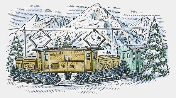 Illustration of electric train on curved railway track in mountains