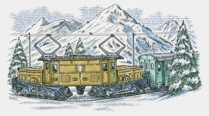 Framed Print : Illustration of electric train on curved railway track in mountains Framed Print : Illustration of electric train on curved railway track in mountains
