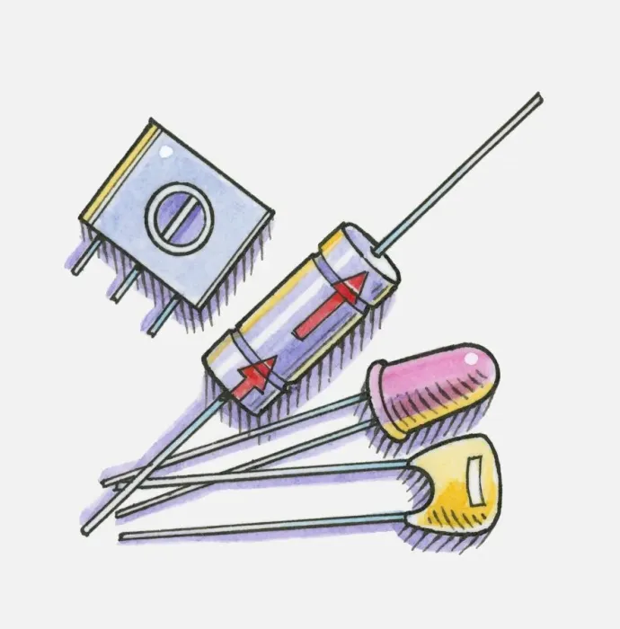 Framed Print : Illustration of electrolytic capacitator, LED, transistor resistor Framed Print : Illustration of electrolytic capacitator, LED, transistor resistor