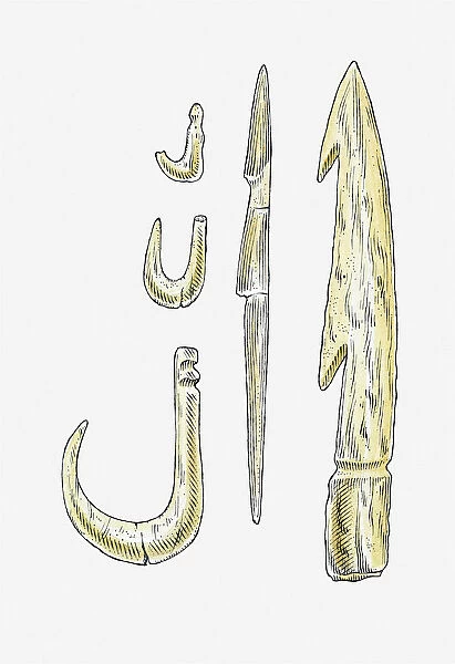 Illustration of era Jomon bone fish hooks, Japan