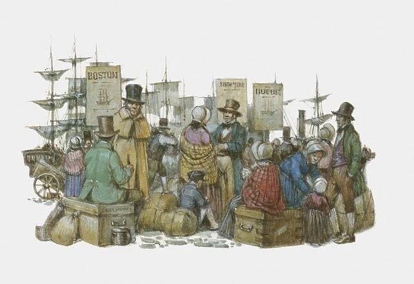 Illustration of European immigrants waiting at docks after arrival in America