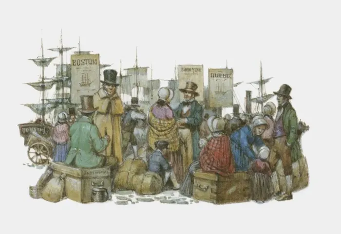 Framed Print : Illustration of European immigrants waiting at docks after arrival in America Framed Print : Illustration of European immigrants waiting at docks after arrival in America