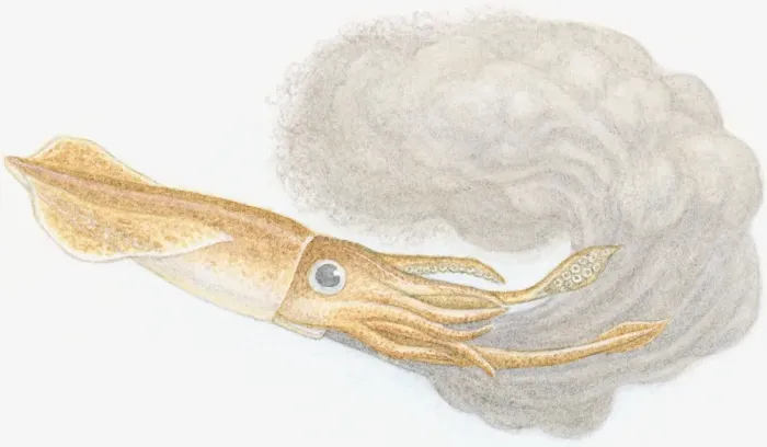Framed Print : Illustration of European Squid (Loligo vulgaris), with soft, brown mantle, long tentacles and shorter arms, squirting out black ink Framed Print : Illustration of European Squid (Loligo vulgaris), with soft, brown mantle, long tentacles and shorter arms, squirting out black ink