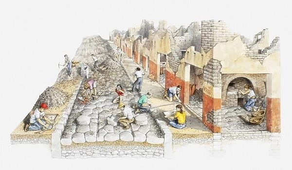 Illustration of excavation work in ancient city of Pompeii