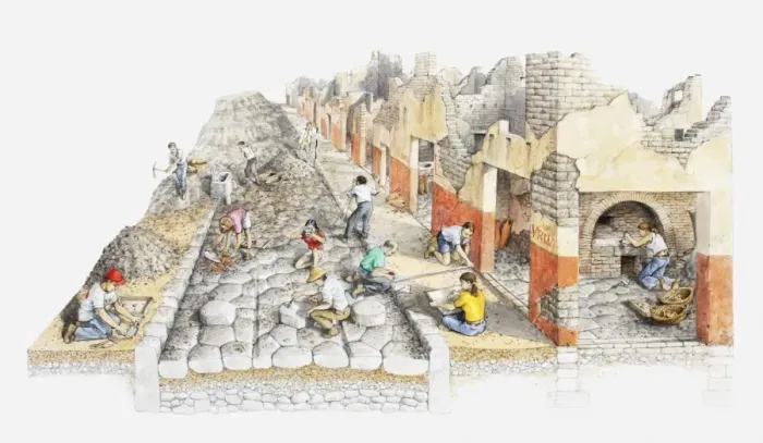 Framed Print : Illustration of excavation work in ancient city of Pompeii Framed Print : Illustration of excavation work in ancient city of Pompeii