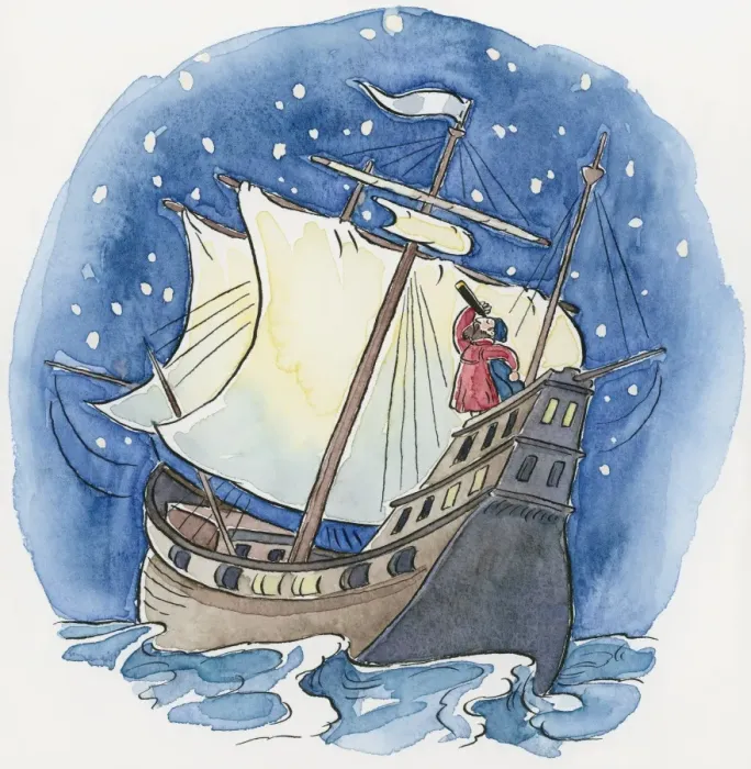 Framed Print : Illustration of explorer Ferdinand Magellan looking through telescope to steer galleon in right direction using position of stars in night sky Framed Print : Illustration of explorer Ferdinand Magellan looking through telescope to steer galleon in right direction using position of stars in night sky