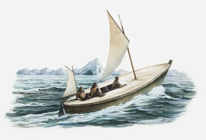 Framed Print : Illustration of explorers in boat in Antarctic waters Framed Print : Illustration of explorers in boat in Antarctic waters