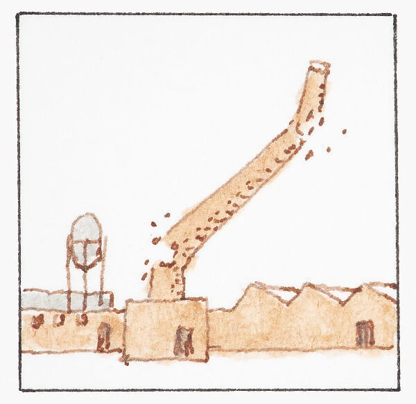 Illustration of factory chimney toppling caused by an earthquake