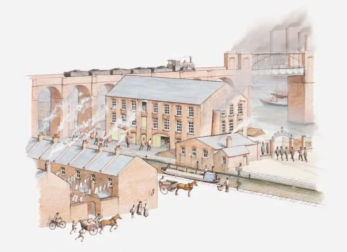 Framed Print : Illustration of factory in city during the Industrial revolution Framed Print : Illustration of factory in city during the Industrial revolution