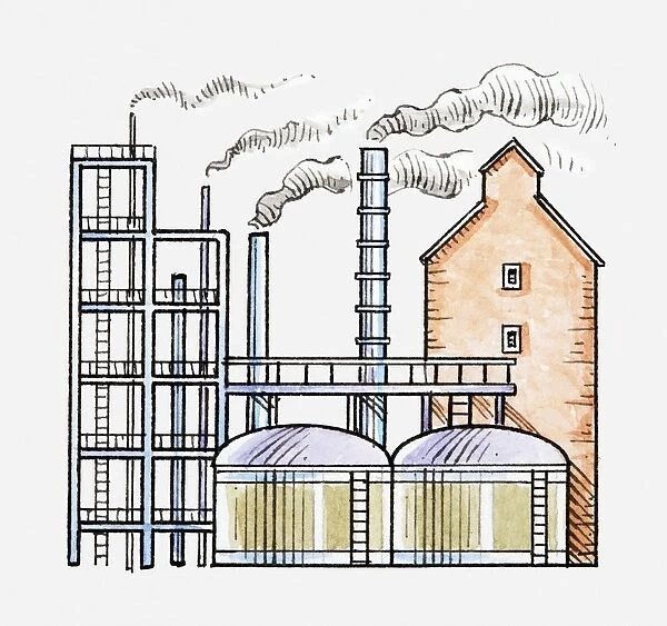 Illustration of factory with smoke rising from chimneys