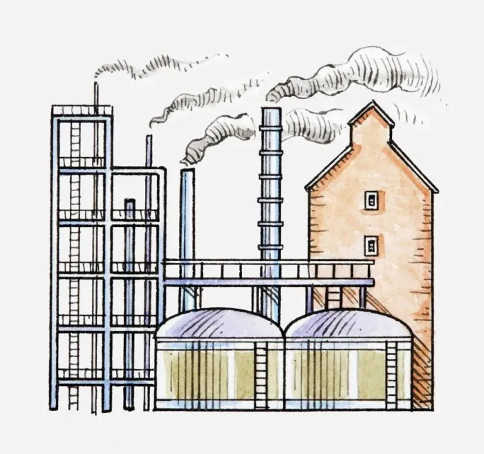 Framed Print : Illustration of factory with smoke rising from chimneys Framed Print : Illustration of factory with smoke rising from chimneys