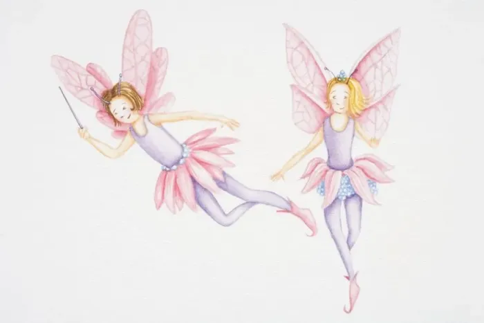 Framed Print : Illustration, two fairies with pink wings and skirts hovering in the air, one of them holding wand