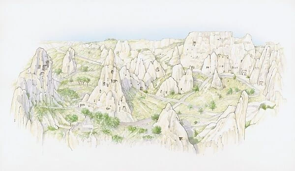 Illustration of fairy chimney rock formations in valley, Goreme National Park