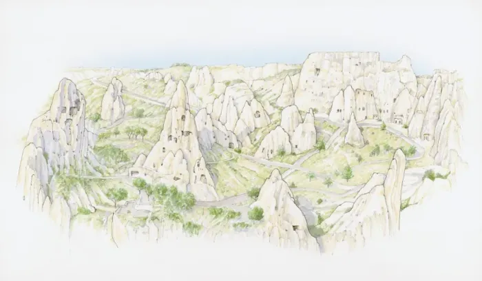 Framed Print : Illustration of fairy chimney rock formations in valley, Goreme National Park Framed Print : Illustration of fairy chimney rock formations in valley, Goreme National Park