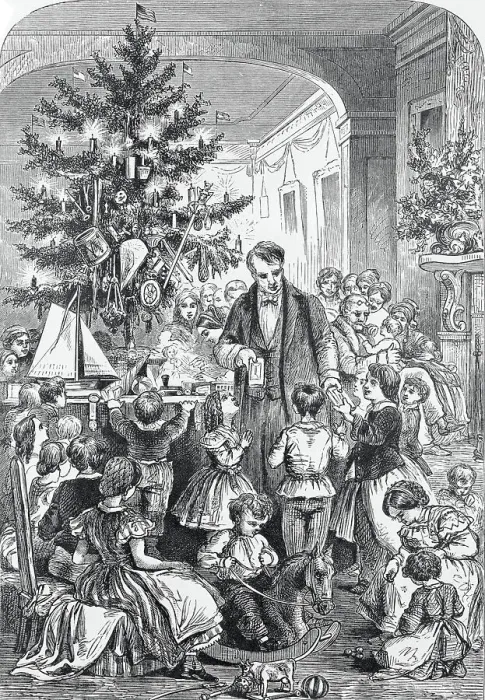 Framed Print : Illustration of Family and Friends Exchanging Gifts Framed Print : Illustration of Family and Friends Exchanging Gifts