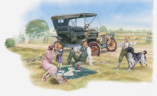 Illustration of family having picnic in countryside near car
