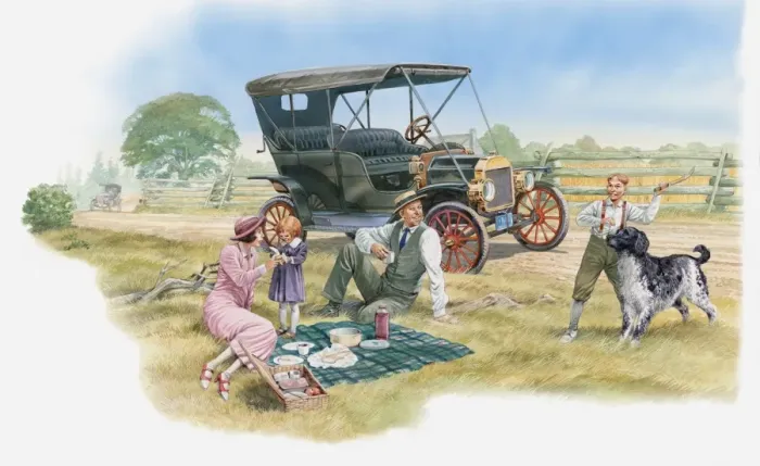 Framed Print : Illustration of family having picnic in countryside near car Framed Print : Illustration of family having picnic in countryside near car