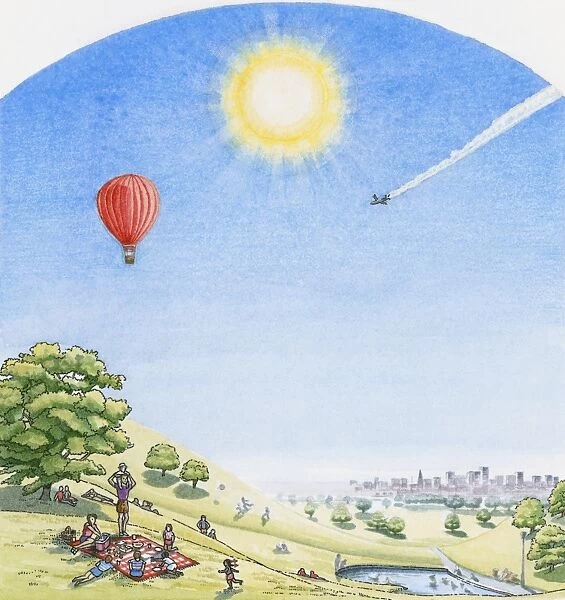 Illustration of family having picnic on lush hillside overlooking cityscape, with bright sunshine, hot air balloon and commercial aircraft above
