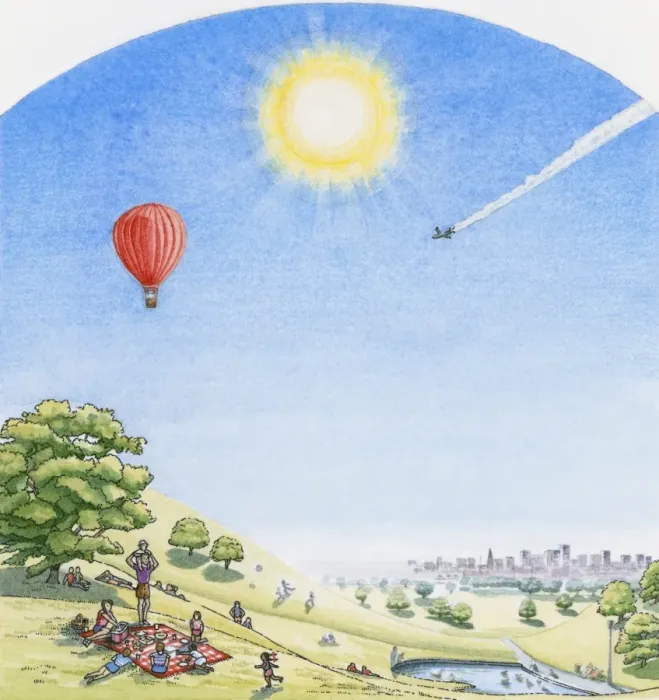 Framed Print : Illustration of family having picnic on lush hillside overlooking cityscape, with bright sunshine, hot air balloon and commercial aircraft above Framed Print : Illustration of family having picnic on lush hillside overlooking cityscape, with bright sunshine, hot air balloon and commercial aircraft above