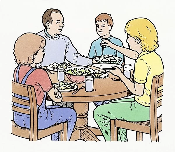 Illustration of family sitting at table serving evening meal as daughter refuses to eat