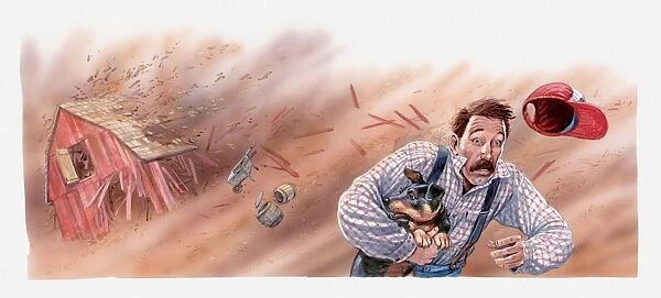 Illustration of farmer holding dog and running away from house which is being destroyed by a tornado