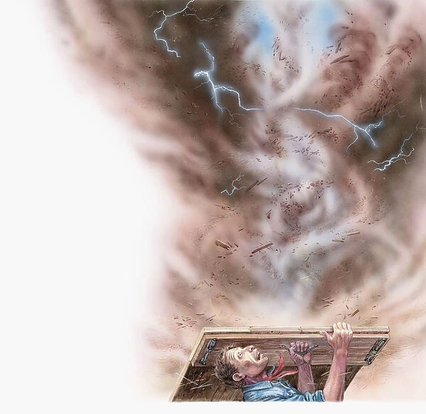 Illustration of farmer Will Keller looking at twister from underground shelter seeing mini twisters inside the big twister