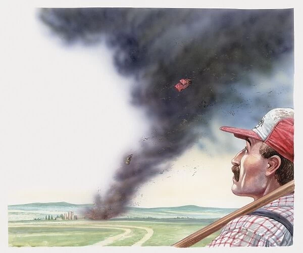 Illustration of farmer looking at car in centre of tornado