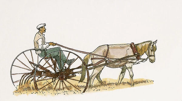 Illustration of farmer ploughing field near Burdur using traditional horsedrawn plough