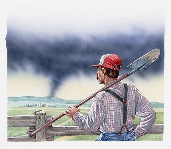 Illustration of farmer standing in field holding spade on shoulder looking at tornado in distance