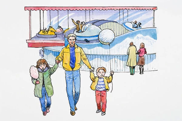 Illustration of father walking with children at amusement park