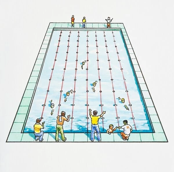Illustration of fathers standing at edge of swimming pool supporting children in race