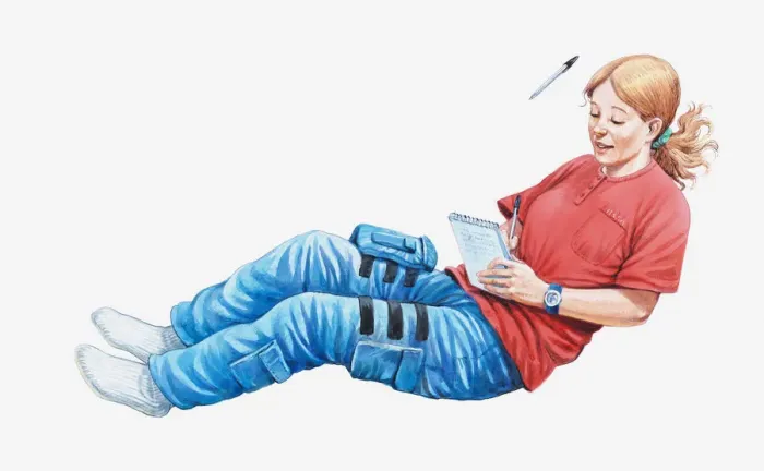 Framed Print : Illustration of female astronaut experiencing zero gravity as she writes in notebook with pen floating by her head