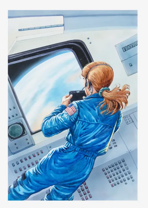 Framed Print : Illustration of female astronaut recording pictures of Planet Earth from window of space craft
