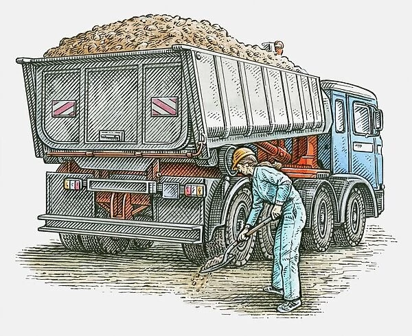Illustration of female manual worker standing behind tipper truck holding spade