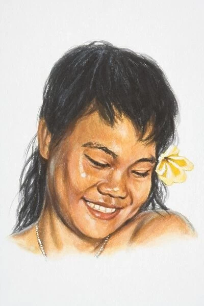 Illustration, female native inhabitant of the Pacific Islands, smiling, her hair decorated with a flower