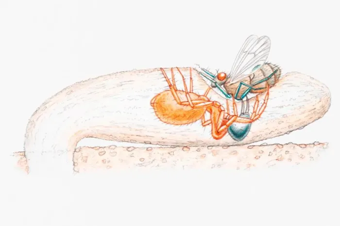 Framed Print : Illustration of a female purse-web spider (Atypidae) dragging an insect from trap into underground burrow Framed Print : Illustration of a female purse-web spider (Atypidae) dragging an insect from trap into underground burrow